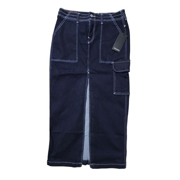 True Religion Women's Denim Slit Cargo Maxi Skirt, Size 28, Body Rinse Dark Blue - Picture 1 of 9